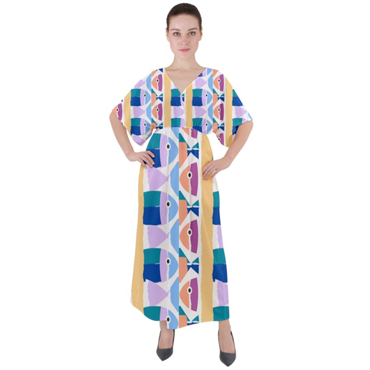 Illustrations Of Fish Texture Modulate Sea Pattern V-Neck Boho Style Maxi Dress