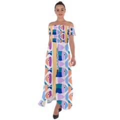 Illustrations Of Fish Texture Modulate Sea Pattern Off Shoulder Open Front Chiffon Dress