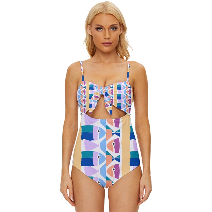 Illustrations Of Fish Texture Modulate Sea Pattern Knot Front One-Piece Swimsuit