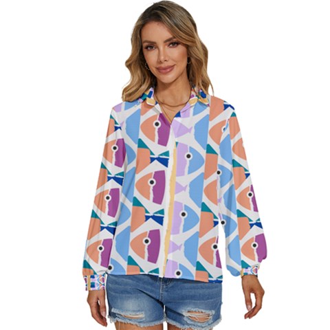 Illustrations Of Fish Texture Modulate Sea Pattern Women s Long Sleeve Button Up Shirt by anzea