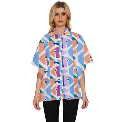 Illustrations Of Fish Texture Modulate Sea Pattern Women s Batwing Button Up Shirt by anzea