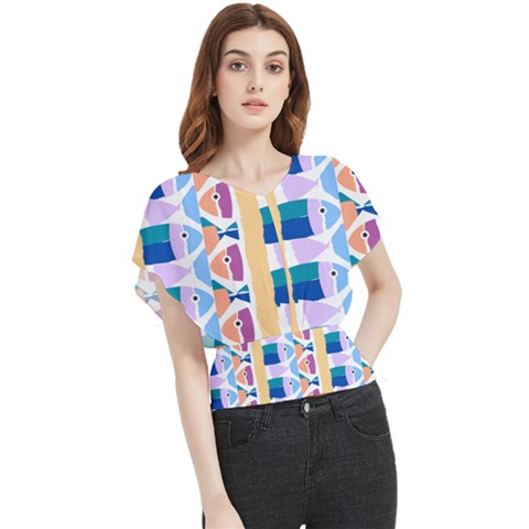 Illustrations Of Fish Texture Modulate Sea Pattern Butterfly Chiffon Blouse by anzea