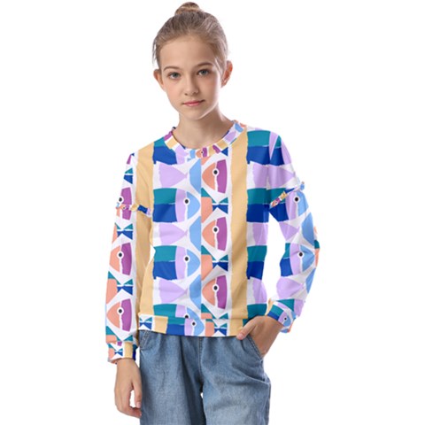 Illustrations Of Fish Texture Modulate Sea Pattern Kids  Long Sleeve T-shirt With Frill  by anzea