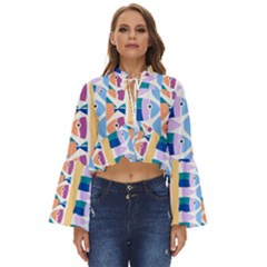 Illustrations Of Fish Texture Modulate Sea Pattern Boho Long Bell Sleeve Top