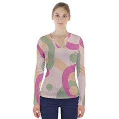 Line Pattern Dot V-neck Long Sleeve Top