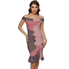 Illustrations Of Love And Kissing Women Off Shoulder Ruffle Split Hem Bodycon Dress by anzea