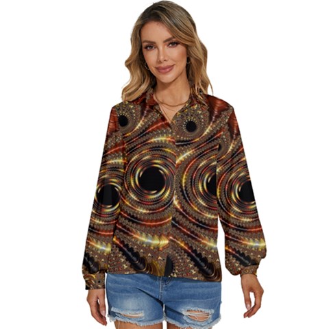 Geometric Art Fractal Abstract Art Women s Long Sleeve Button Up Shirt by Ndabl3x