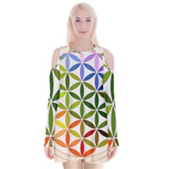 Mandala Rainbow Colorful Velvet Long Sleeve Shoulder Cutout Dress