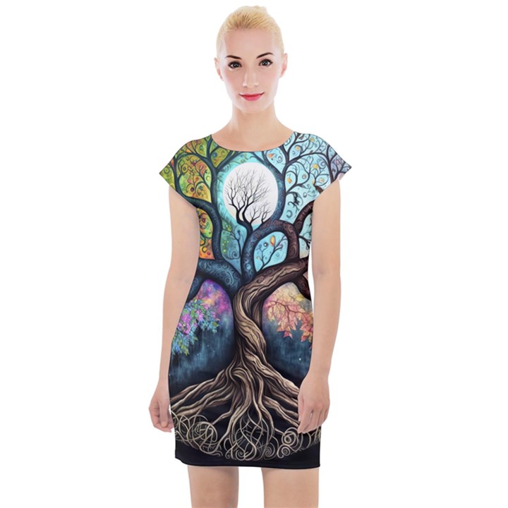 Tree Colourful Cap Sleeve Bodycon Dress