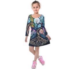 Tree Colourful Kids  Long Sleeve Velvet Dress