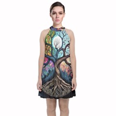 Tree Colourful Velvet Halter Neckline Dress 