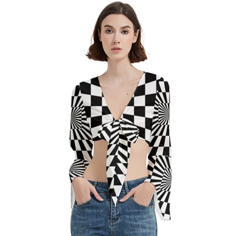 Optical Illusion Chessboard Tunnel Trumpet Sleeve Cropped Top by Ndabl3x