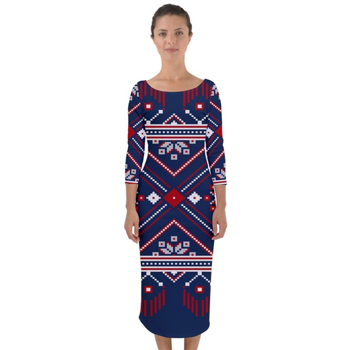 Ukrainian Folk Seamless Pattern Ornament Art Quarter Sleeve Midi Bodycon Dress