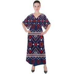 Ukrainian Folk Seamless Pattern Ornament Art V-neck Boho Style Maxi Dress by Bedest