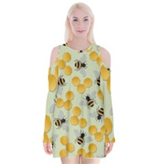 Bees Pattern Honey Bee Bug Honeycomb Honey Beehive Velvet Long Sleeve Shoulder Cutout Dress