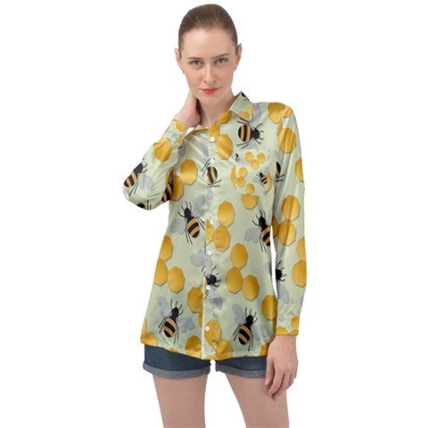 Bees Pattern Honey Bee Bug Honeycomb Honey Beehive Long Sleeve Satin Shirt by Bedest