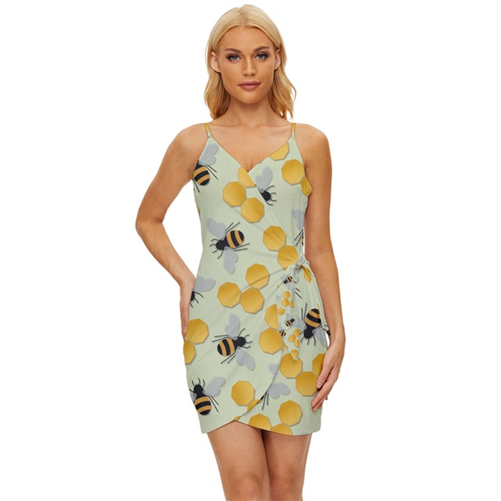 Bees Pattern Honey Bee Bug Honeycomb Honey Beehive Wrap Tie Front Dress