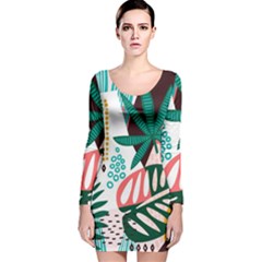 Abstract Seamless Pattern With Tropical Leaves Long Sleeve Velvet Bodycon Dress