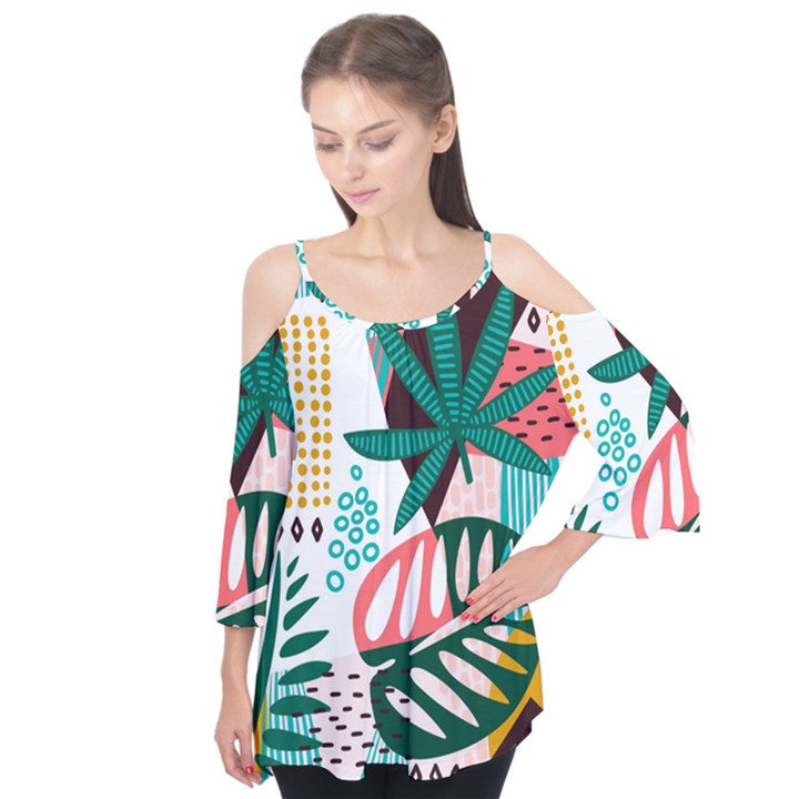 Abstract Seamless Pattern With Tropical Leaves Flutter Sleeve T-Shirt