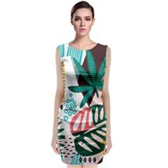 Abstract Seamless Pattern With Tropical Leaves Sleeveless Velvet Midi Dress