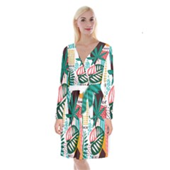 Abstract Seamless Pattern With Tropical Leaves Long Sleeve Velvet Front Wrap Dress