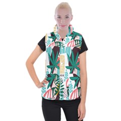 Abstract Seamless Pattern With Tropical Leaves Women s Button Up Vest