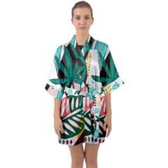 Abstract Seamless Pattern With Tropical Leaves Half Sleeve Satin Kimono  by Hannah976