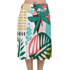 Abstract Seamless Pattern With Tropical Leaves Velvet Flared Midi Skirt