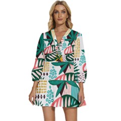 Abstract Seamless Pattern With Tropical Leaves V-neck Placket Mini Dress by Hannah976