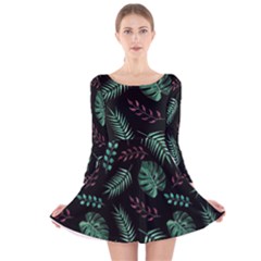 Tropical Leaves Pattern Long Sleeve Velvet Skater Dress