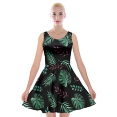 Tropical Leaves Pattern Velvet Skater Dress