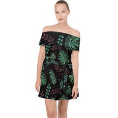 Tropical Leaves Pattern Off Shoulder Chiffon Dress by Hannah976