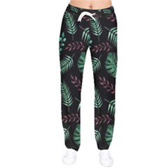 Tropical Leaves Pattern Women Velvet Drawstring Pants