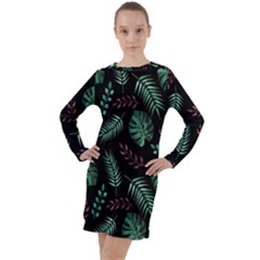 Tropical Leaves Pattern Long Sleeve Hoodie Dress