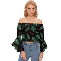 Tropical Leaves Pattern Off Shoulder Flutter Bell Sleeve Top