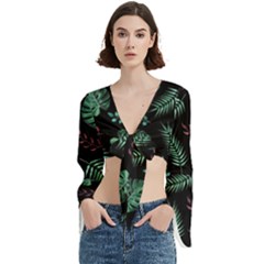 Tropical Leaves Pattern Trumpet Sleeve Cropped Top