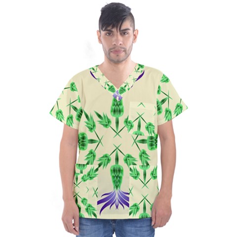 Thistle Flower Purple Thorny Flora Men s V-neck Scrub Top by Bajindul