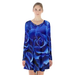 Blue Roses Flowers Plant Romance Blossom Bloom Nature Flora Petals Long Sleeve Velvet V-neck Dress