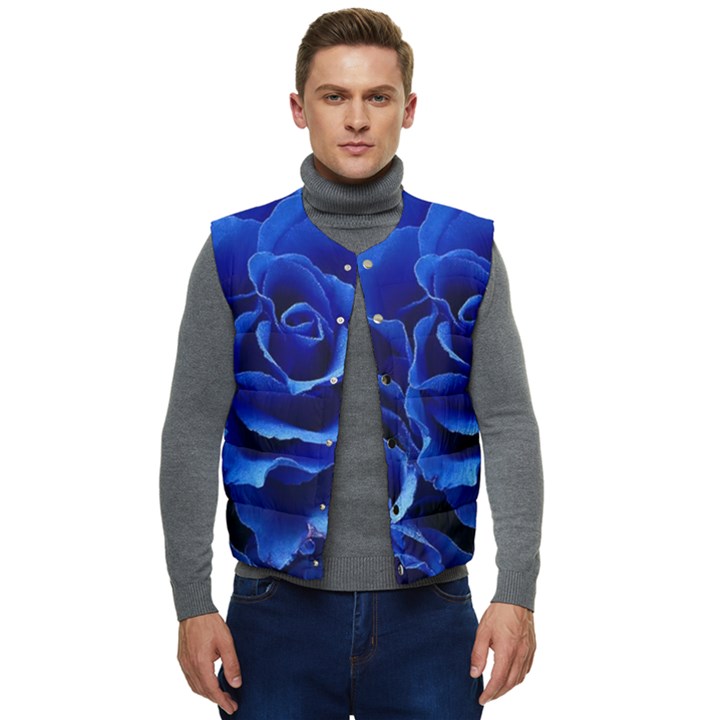 Blue Roses Flowers Plant Romance Blossom Bloom Nature Flora Petals Men s Button Up Puffer Vest	