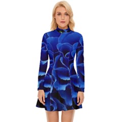 Blue Roses Flowers Plant Romance Blossom Bloom Nature Flora Petals Long Sleeve Velour Longline Dress by Proyonanggan