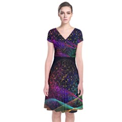 Particles Waves Line Multicoloured Short Sleeve Front Wrap Dress by Proyonanggan