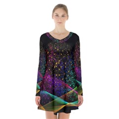 Particles Waves Line Multicoloured Long Sleeve Velvet V-neck Dress