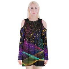 Particles Waves Line Multicoloured Velvet Long Sleeve Shoulder Cutout Dress