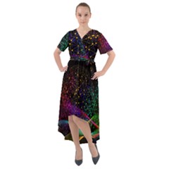 Particles Waves Line Multicoloured Front Wrap High Low Dress by Proyonanggan