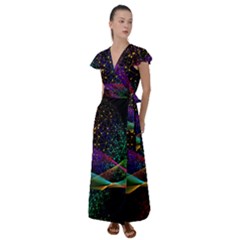 Particles Waves Line Multicoloured Flutter Sleeve Maxi Dress by Proyonanggan