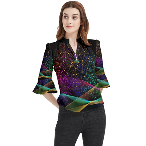 Particles Waves Line Multicoloured Loose Horn Sleeve Chiffon Blouse by Proyonanggan