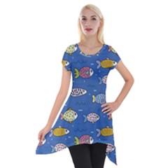 Sea Fish Blue Submarine Animal Short Sleeve Side Drop Tunic by Proyonanggan