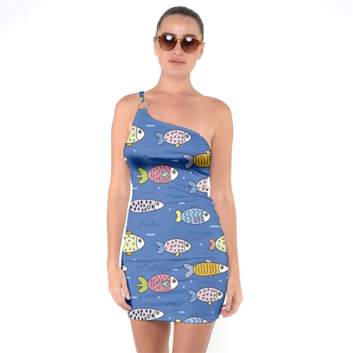 Sea Fish Blue Submarine Animal One Shoulder Ring Trim Bodycon Dress