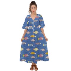 Sea Fish Blue Submarine Animal Kimono Sleeve Boho Dress by Proyonanggan