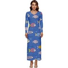 Sea Fish Blue Submarine Animal Long Sleeve Longline Maxi Dress by Proyonanggan